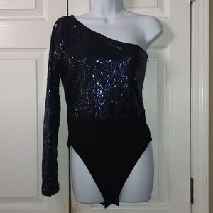 Navy Blue Sequin one shoulder bodysuit  sexy nightout party  Sz L